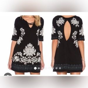 Free People 100% Cotton Mini Dress Black/White Cut Outs Pockets Boho Size M